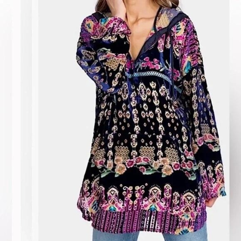 Johnny Was Melina Velvet Burnout Hoodie Black Floral Tunic Silk Blend Sz‎ XS